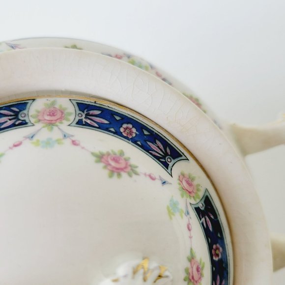 Rare Vintage Johnson Bro Sugar Bowl & Creamer, Blue Accent, Pink Floral, CRAZING - Picture 8 of 16